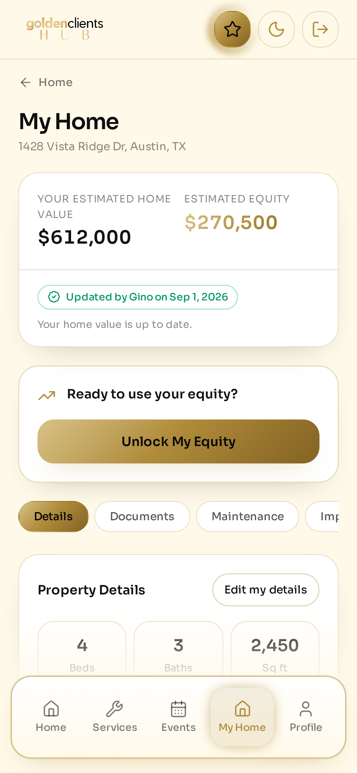 Home value and equity tracking in Golden Clients Hub